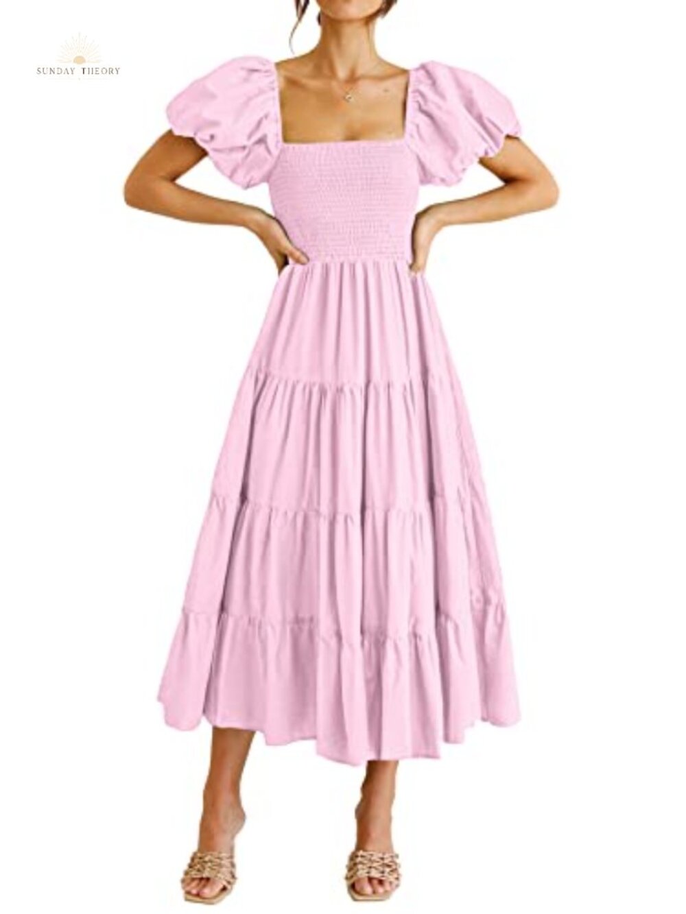 PRETTYGARDEN Women's Smocked Midi Wedding Guest Dress - Puffy Sleeve, Square